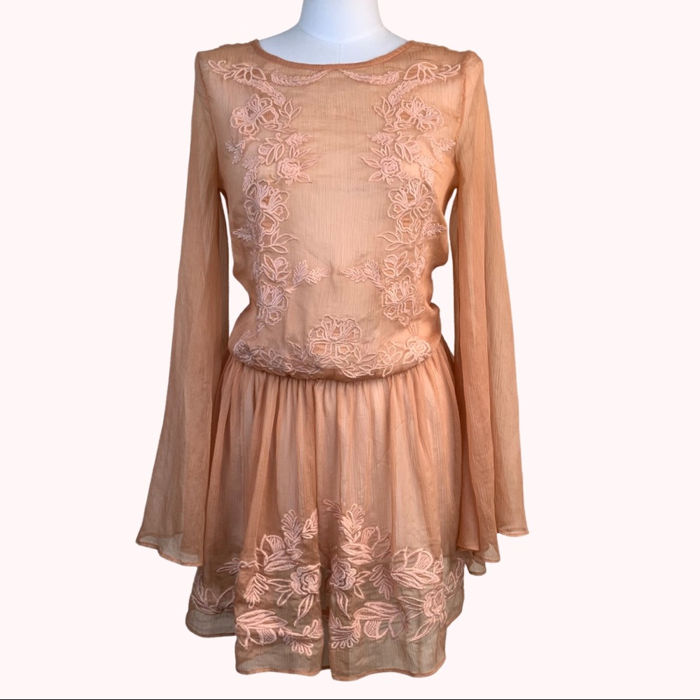 TJD Embroidered Floral Semi Sheer Bell Sleeve Dress